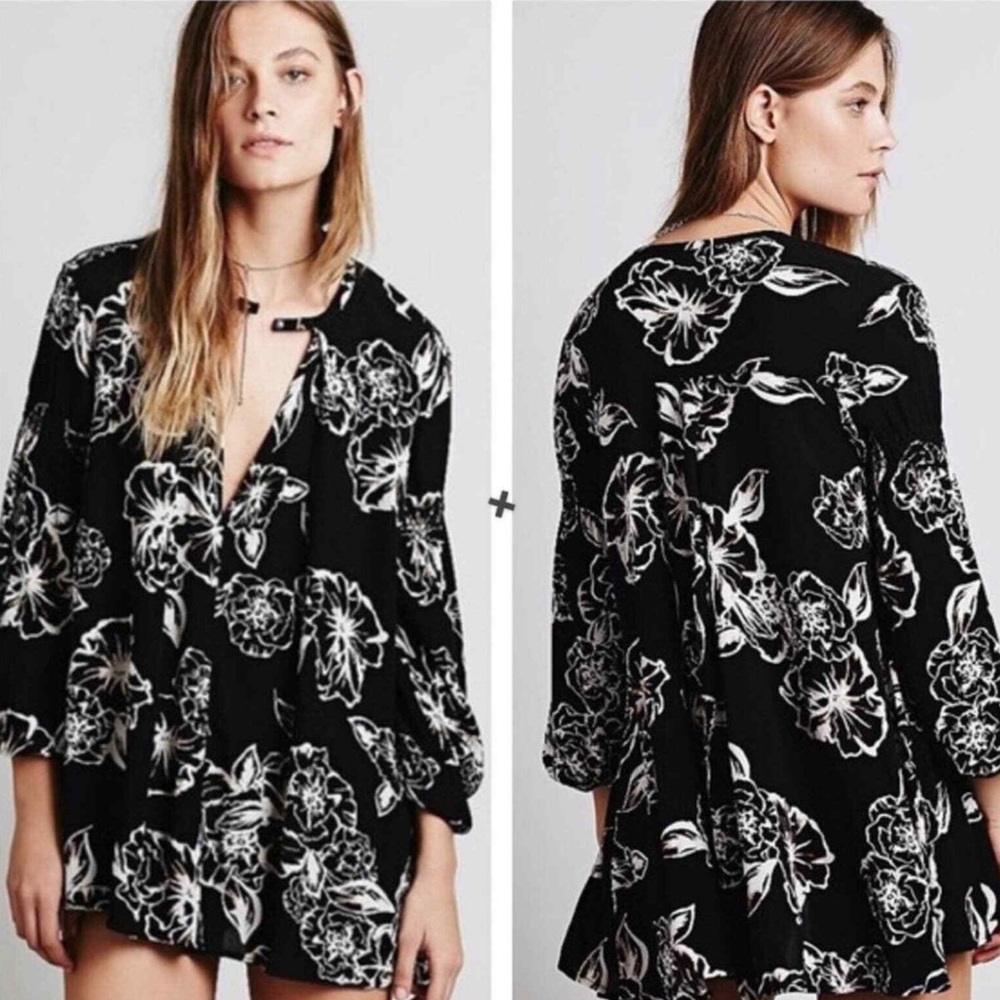 🌹 Free People Floral Black and White Mini Dress XS - Picture 1 of 6
